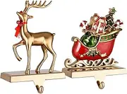 WeddPtyFr 2-Pack Reindeer Christmas Stocking Holders for Mantel Christmas Stocking Hangers for Fireplace Anti-Slip Reindeer and Santa Stand Hanger Sturdy Metal Christmas Decorations (Antique Gold, 2)