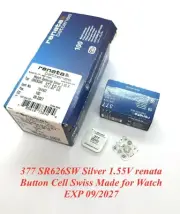 2 × 377 Battery SR626SW Silver 1.55V renata Button Cell Swiss Made EXP 09/2027