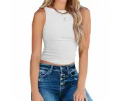 Women Sleeveless Tank Top Round Neck Knitting Open Back Top Backless Vest For Summer Wear White Xl
