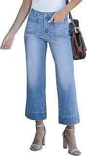 [cordat] Wide Leg Jeans for Women Mid Waisted Straight Leg Stretchy Cropped Denim Pants with Patch Pockets Jeans, 01-blue, Medium