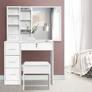 Artiss Dressing Table Mirror Slidable Makeup Space Stool Wooden Vanity Desk Chair, Home Bedroom Furniture White Girls Kids Women Organisers, Drawers Wide Tabletop with Legs Floor Standing