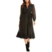 RACHEL ROY Women's Black/gold Foil Micro-dot Belted A-line Shirt Dress 0 TEDO