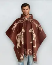 Alpaca Poncho Hood Wool red/brown Bears | reversible | Soft Wool | Cherokee