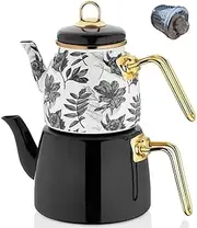 Vintage Turkish Teapot Tea Pots Kettle Set for Stovetop Stove Top Decorative Infuser Party Cups Glasses Floral Unique Boiler Samovar Strainer Loose Leaf Kitchen Style Enamel Decor (White-Black)