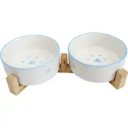 Double Blue Ceramic Pet Bowls with Wooden Stand - Stylish Elevated Feeder Set