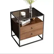 Side Table Tempered Glass Top End Table, Sofa Side Storage Cabinet with Metal Frame, Side Table with Storage Shelf and 2 Drawers for Living Room and Bed Room, End Tables Living Room