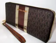 Michael Kors Jet Set Travel Large Brown Logo Gold Metallic Continental Wallet