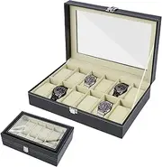 [FwQoFvk] 6/12 Slots Watch Display Case Watch Box Organizer with Glass Lid Fashion PU Leather Watch Holder Anti-Scratch Watch Storage Organizer Watch Box Organizer for Men Women 30x11x8cm/30.5x20x8cm (12 slots)