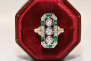 New Made 14k Gold Natural Diamond And Baguette Cut Emerald Decorated Ring