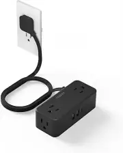 5 Ft Black Extension Cord with 4 AC Outlets and 3 USB Ports, Flat Plug