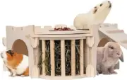 Ex Large Guinea Pig Castle, Natural Wood Rabbit House w/ Ladder & Hay Feeder NIB