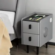 Smart Bedside Table 2 Drawers with Wireless Charging LED Lights Grey