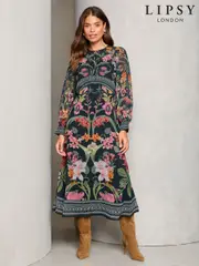 Lipsy Black Leopard Print Long Sleeve Woven Underbust Midi Dress (AN6671) | $157