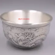 Solid 999 Fine Silver Tea Cup Heat Insulation Dragon Pattern Chinese Small Bowl
