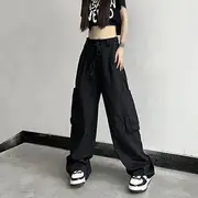 Drawstring High-Waist Straight-Cut Cargo Pants Black - XL