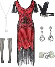 [FUNDAISY] Women Halter V-Neck Sequins Tassel 1920s Flapper Inspired Party Dance Dress with 20s Gatsby Accessories Set
