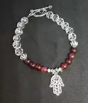 Handmade Crystal Bracelet Hook And Loop With Natural Ruby Beads & Hasma Hand