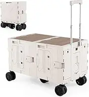 Costway Large Foldable Utility Cart w/ 2 Storage Crates, 5 Rotate Wheels, Metal Telescoping Handle, Portable Rolling Trolley Collapsible Cart for Grocery Shopping Camping Luggage Moving Travel (White)
