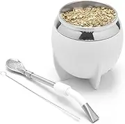 BALIBETOV Yerba Mate Cup And Bombilla Set, Includes Stainless steel Yerba Mate Gourd, Premium Bombilla Mate and Cleaning Brush (White)