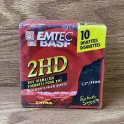 Formatted 3.5" Diskettes 10 Emtec BASF 2HD, DOS High Density. New Old Stock