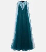 [Costarellos] Costarellos Cassandra caped tulle gown AU 16 blue