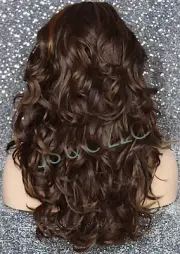 Human Hair Blend 25" Long Open Curly Full Wig Brown mix Bangs Heat OK 6/27 RBPO
