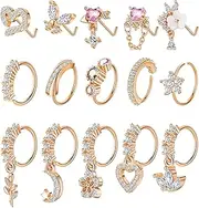 [Vegolita] 15PCS 20G 316L Stainless Steel Dangle Nose Rings Hoop for Women Girls L Shape Nose Stud CZ Heart Flower Butterfly Nose Rings Piercing Jewelry