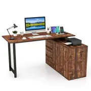 Giantex L-Shaped Computer Desk Reversible Office Desk w/3 Drawers Workstation Rustic Brown