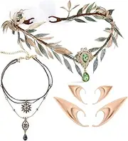 [MOSTORY] Renaissance Fairy Accessories for Women, 4 Pcs Woodland Elf Crown, Layered Star Pedant Necklace with Elf Ears Set for Fairy Renfaire Costume Women, Halloween Outfit Fantasy Cosplay