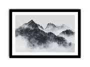 black and white Foggy Mountain Art Framed print