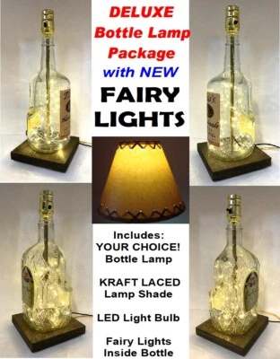 YOUR CHOICE Liquor Bar Bottle LAMP w/ KRAFT LACED Shade FAIRY LIGHTS & LED Bulb