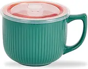 Hoilse Ceramic Soup Bowl with Handle, Large 950ml /32oz Soup Mug with Lid, Porcelain Ramen Bowl for Noodle Cereal Salad Dessert, Soup Container with Lid - Green