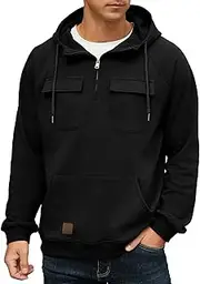 [Lepunuo] Men's Cargo Hoodies Quarter Zip Sweatshirts Tactical Pullover Casual Gym Athletic Loose Hooded Sweatshirts