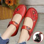 Women's Red Leather Barefoot Mary Jane Flats – Embroidered Floral Casual Comfort Shoes with Hook Loop Straps