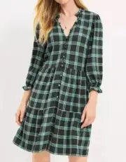 NWT LOFT Plaid Ruffle Button Swing Dress in Spring Pine small