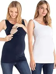 [Mamarella] Maternity and Nursing Top Made of Organic Cotton, Pack of 2, Blue & White, Double-Layer Maternity and Nursing Shirt, Sleeveless with Breastfeeding Function, Set of 2
