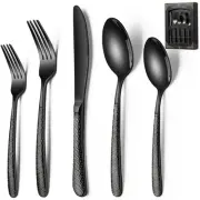 40-Piece Black Hammered Silverware Set, Deedro Stainless Steel Heavy Dury Fla...
