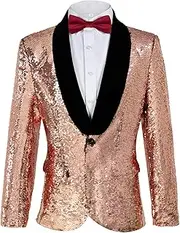[DZMDIP] Men's Shiny Sequin Blazer Sparkle Metallic Tuxedo Jacket Party Prom Wedding One Button Jacket, Z3004ye, 3X-Large
