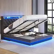 Levede Double Bed Frame,Fabric Upholstered Bed Base with Gas Lift Storage, RGB LED Lights, USB Charging,Headboard,Under Bed Storage Space, Easy Assembly, Bedroom Furniture