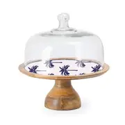 Maine & Crawford Belize 30cm Palm Tree Enamel Mango Wood Cake Stand Decor Blue