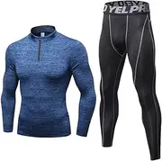 [Abigprofit] High Collar Winter Thermal Underwear Men Long Johns Shirt Leggings Warm Sport Compression Blue Set L