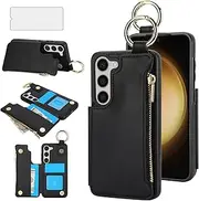 [Asuwish] Phone Case for Samsung Galaxy A14/M14 5G with Tempered Glass Screen Protector Cover and Mobile Cell Stand Zipper RFID Card Holder Slot Kickstand Ring Wallet A 14 4G 14A 14M G5 Women Men Black