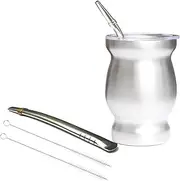 Beruth 8oz Yerba Mate Cup, Double Wall 304 Stainless Steel Mate Gourd, Heat Insulated Mug & Anti-Scalding Design, Includes 2 Straws & Cleaning Brush （Silver）