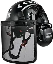SAFEBUILDER Forestry Safety Helmet with Build-in Visor Mesh Face Shield Ear Muffs 4 in 1 Chainsaw Safety Hard Hats (Black-ICV-B07E-Mesh Shield)