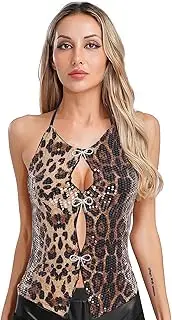 [TiaoBug] Women Shiny Sequin Leopard Print Vest Crop Top with Bow Tie Pins Sleeveless Tank Tops for Dance Club