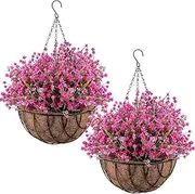Cinnvoice 2 Pack Artificial Hanging Flowers in Basket for Porch Home Artificial Camellia Arrangement Fake Porch Plants 12 inch Coconut Lining Basket for Outdoors Indoors Decor(Crimson)