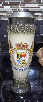 Vintage HANDARBEIT Made W Germany Green BAYERN COAT of ARMS Lidded Beer Stein