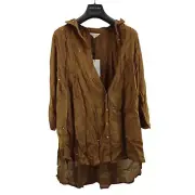 east womens blouse brown short sleeve button up sequin collared size s/m