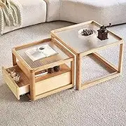 EKDJSN Nesting Table Set, Coffee Tables with Wood Inner Drawer with Silent Rails, Center Table with Universal Wheels with Brakes, Rattan-Style Drawer Doors, for Living Room, Studio