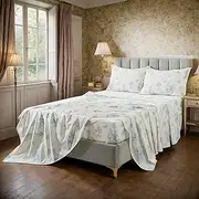 [Lemfux] French Countryside Print 100% Cotton Queen Size Sheet Set, Deep Pocket Farmhouse Floral Fitted Sheet Set, Blue Rustic Pattern Neutral Bed Set, Vintage Girls Bedding Set, Off White Color, 4Pcs